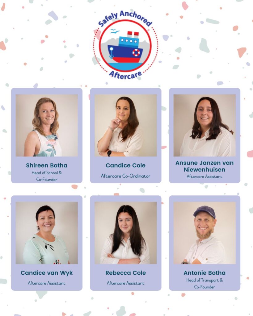 A collage of six individuals associated with Safely Anchored Aftercare featuring their names and roles on a colourful background